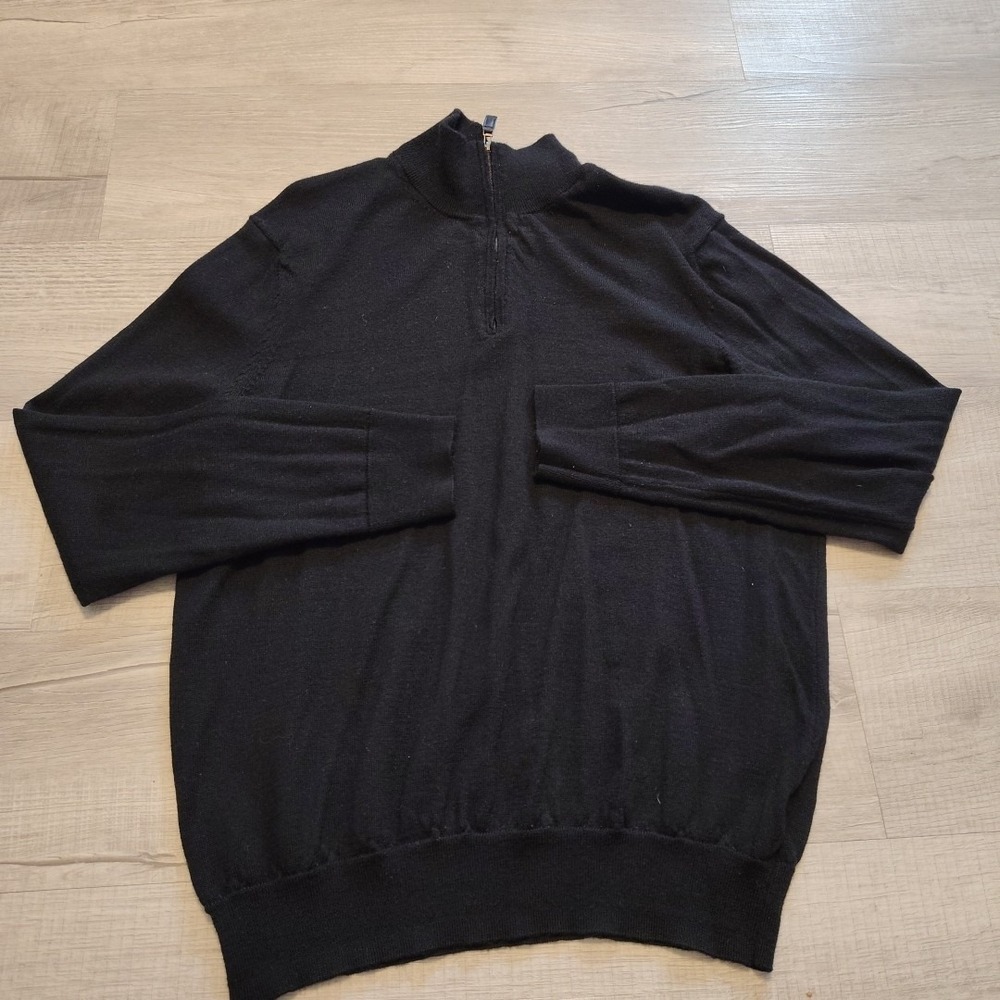 Jos A Bank Traveler Sweater Men's L Black 100% Merino Wool 1/4‎ Zip Minimalist